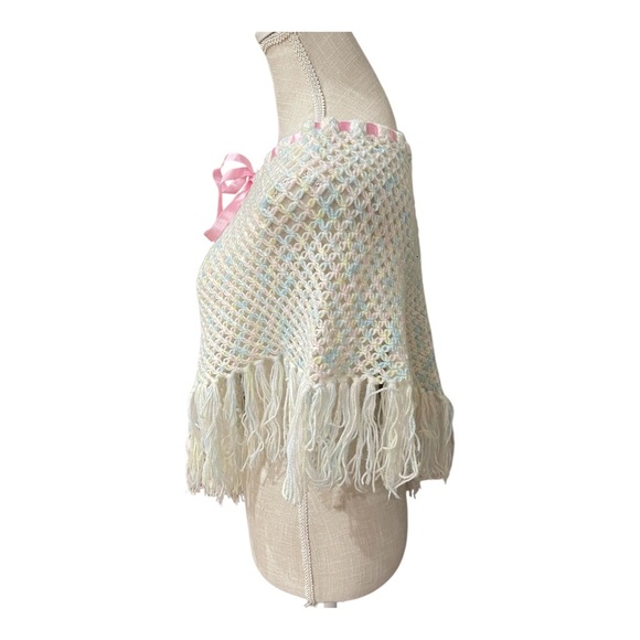 Handmade Little Girl’s Crochet Triangle Shawl Fringe Pancho Pastel w/Pink Ribbon - Picture 2 of 8